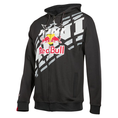 סווטשירט רוכסן Kini Red Bull ST Zip Hoodie בצבע אנתרציט מידה XS, דגם K1013-001 עם הדפס על החזה, קפוצ'ון, כיסים צדדיים ורקמת Wings for Life על השרוול