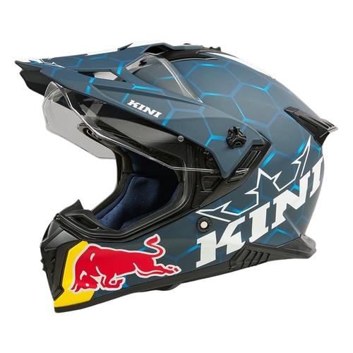 קסדת אדוונצ'ר Kini Red Bull ADV X בצבע כחול לבן גודל XS דגם KRADV-001 עם מבנה דו-קליפתי מפיברגלס, מערכת אוורור מתקדמת, מגן שמש משולב ומוכנה לחיישן Quin Smart Safety