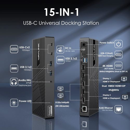 תחנת עגינהWL-UG69PD25 WAVLINK  עבור 3 צגים, טעינה 100W עבור M1 M2 M3 M4 Mac/Windows/Chrome