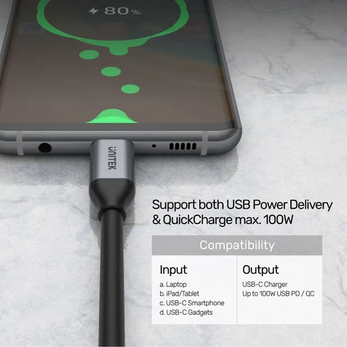 כבל טעינה מהירה UNITEK USB-C TO USB-C 100W PD C14082ABK 1M
