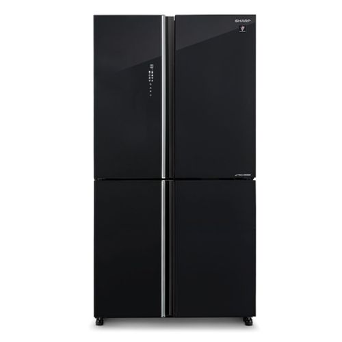 מקרר 4 דלתות 525 ליטר של חברת Sharp דגם SJ-8590BK זכוכית שחורה Inverter כולל פיקוד שבת מובנה רוחב: 89.2 ס״מ