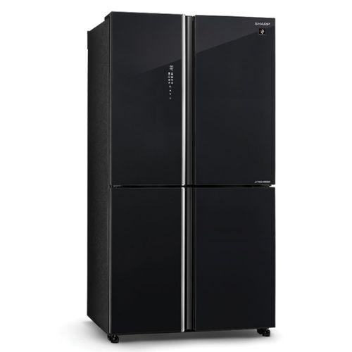 מקרר 4 דלתות 525 ליטר של חברת Sharp דגם SJ-8590BK זכוכית שחורה Inverter כולל פיקוד שבת מובנה רוחב: 89.2 ס״מ