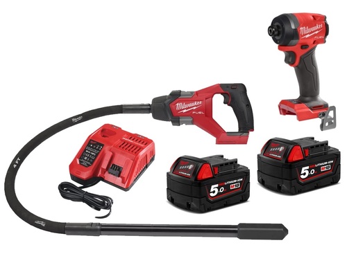 ויברטור לבטון צינור באורך 1.2 מטר + מברגת אימפקט כולל 2 סוללות 5AH מבית Milwaukee