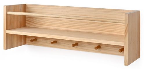 מדף קיר רחב מעוצב מעץ עם 5 מתלים