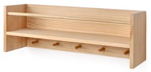 מדף קיר רחב מעוצב מעץ עם 5 מתלים