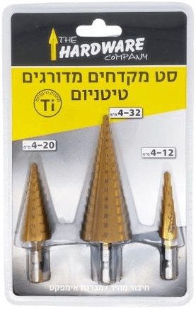 סט 3 מקדחי HSS מדורגים ציפוי טיטניום עם חיבור מהיר למברגה