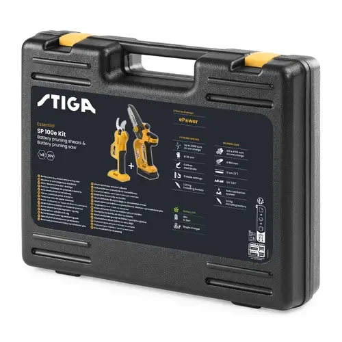באנדל מסור נטען מיני PR 100e + מזמרה SC 100e + סוללה 2 אמפר סטיגה במזוודא קשיחה ויעודית