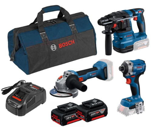 סט מברגת אימפקט + פטישון + משחזת זווית 18V + שתי סוללות 5.0AH תוצרת BOSCH