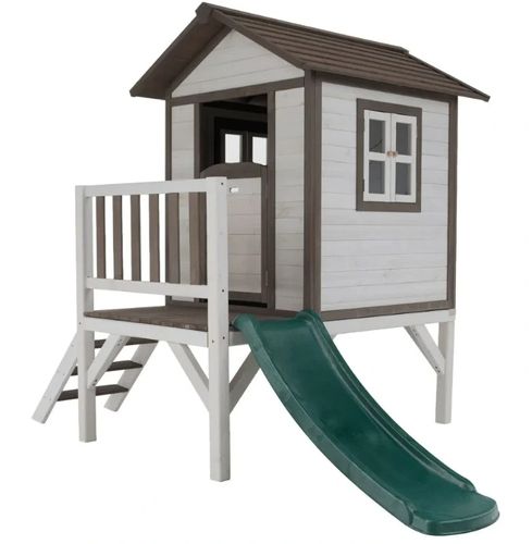 בית עץ כפרי לילדים עם מרפסת, מדרגות, מגלשה, חלון ודלת