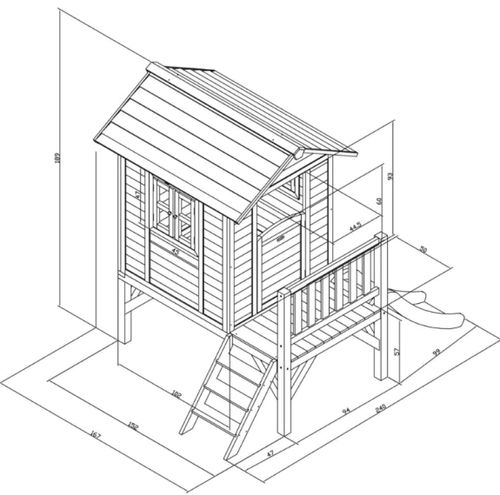 בית עץ כפרי לילדים עם מרפסת, מדרגות, מגלשה, חלון ודלת