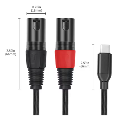 כבל 2 יציאות USB C to XLR זכר לזכר באורך 3 מטר