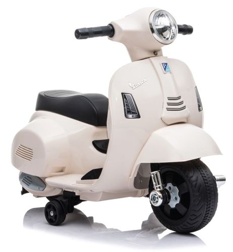בימבה אופנוע ממונעת 6V וספה VESPA עם גלגלי עזר, מונע התהפכות, אורות ואפקטים קוליים בעברית - לבן 