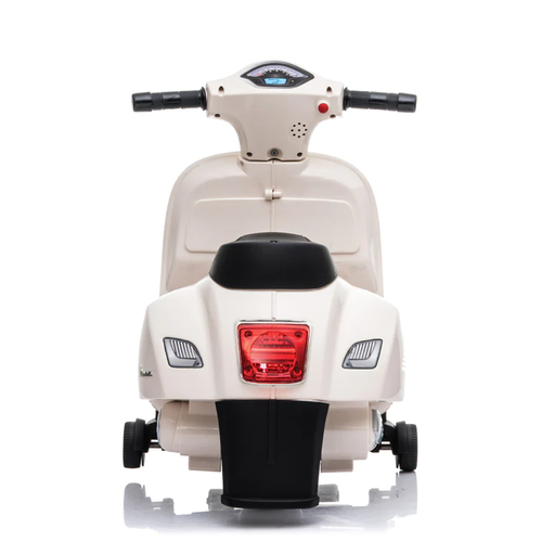בימבה אופנוע ממונעת 6V וספה VESPA עם גלגלי עזר, מונע התהפכות, אורות ואפקטים קוליים בעברית - לבן 