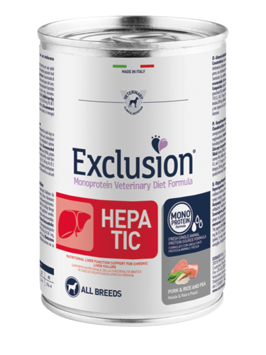  שימורים אקסלוז'ן לבעיות כבד הפטיק (HEPATIC) חזיר ואורז לכל הגזעים (90% בשר) - 400 גרם