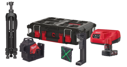 פלס לייזר ירוק 3 קווים 360 מעלות 12V + סוללה 4AH ומטען במזוודה Milwaukee M12 3PL-401C