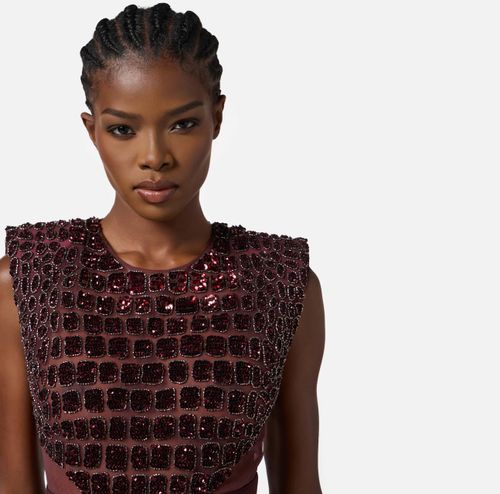 Dress in lightweight crêpe and tulle fabrics with crocodile-effect embroideries
