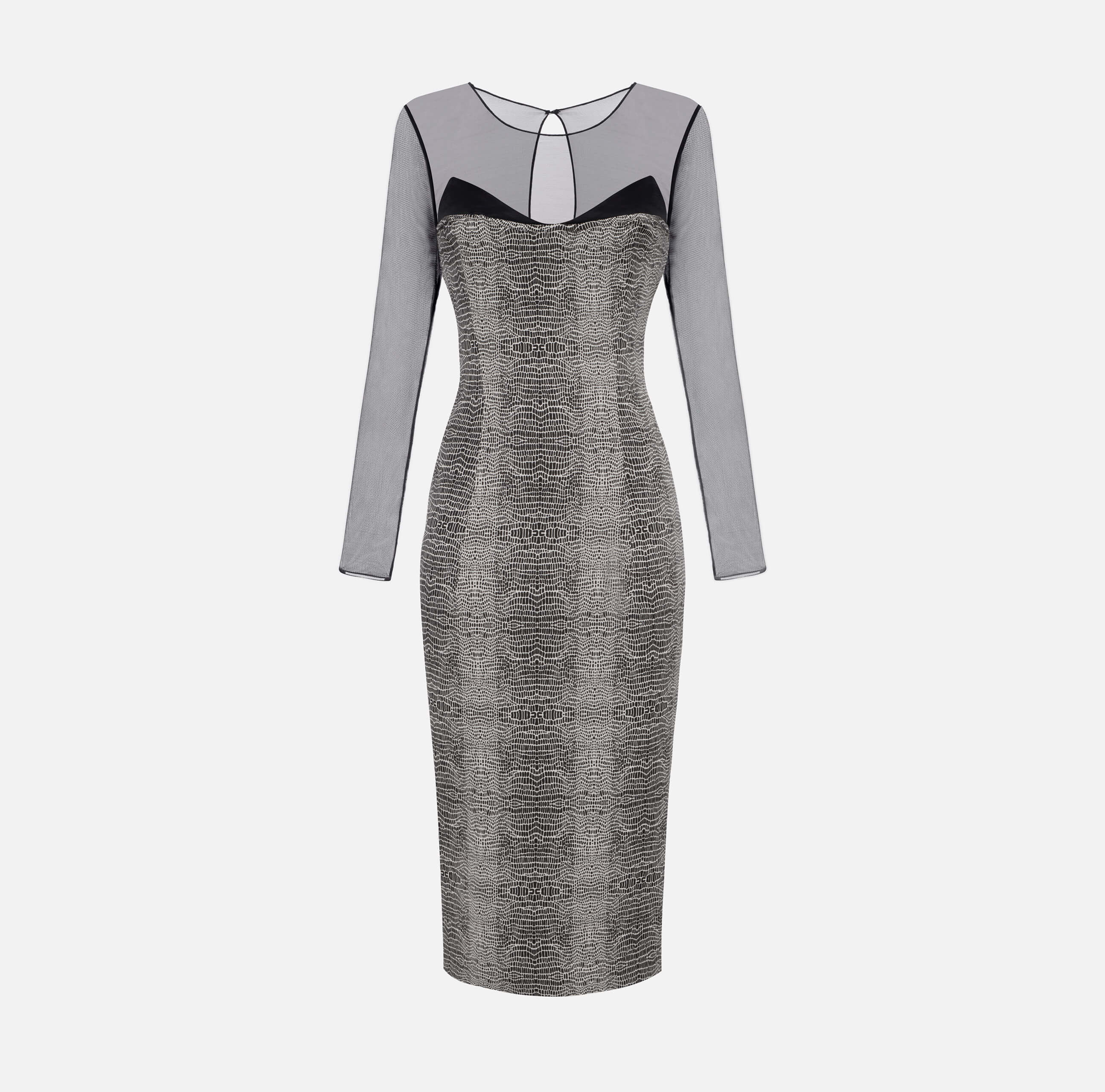 Dress in tulle, satin and crêpe with python print