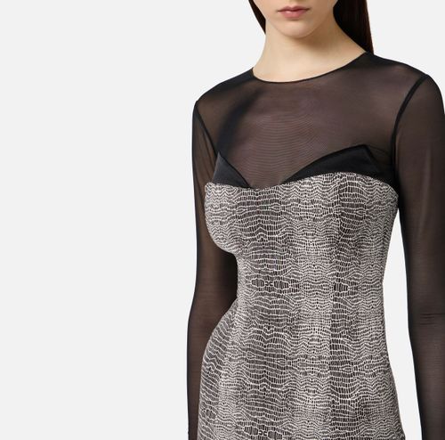 Dress in tulle, satin and crêpe with python print