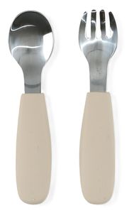 סט כפית ומזלג ממתכת עם ידייות סיליקון רכות ומונעות החלקה - בז