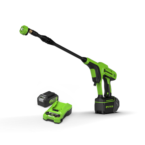 מכונת שטיפה בלחץ נטענת GREENWORKS דגם 99788/1 24V עם סוללת 4 אמפר ומטען, כוללת זרבובית 5 במצבים וצינור יניקה 6 מטר למניעות מרבית