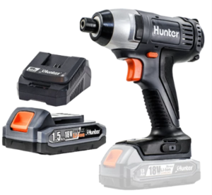 מברגת אימפקט נטענת 18V + סוללה 1.5 A + מטען HUNTER עיצוב קל ונוח ואביזרים נלווים, המברגה מציעה ביצועים מעולים לעבודה מקצועית ויעילה