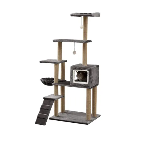 DE LUXE מתקן משחק מפואר עם בית ורמפה לחתול כולל מגרדת בצבע אפור  150 ס&quot;מ