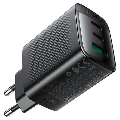 ראש מטען מהיר בעל 2 יציאות USB-C ויציאת USB-A, טעינה מהירה PD45W, שחור