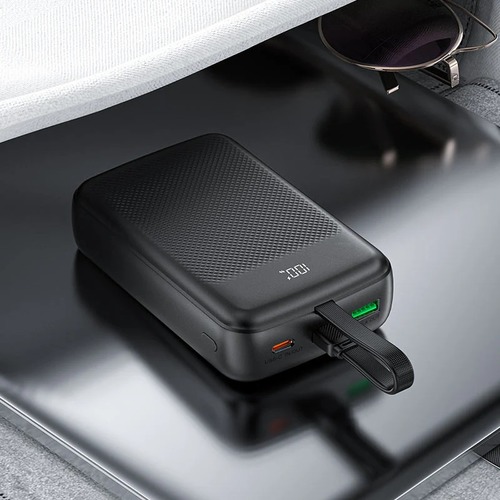 מטען נייד (סוללת גיבוי) 20000mAh לטעינה מהירה PD 22.5W עם כבל טעינה USB-C מובנה, שחור