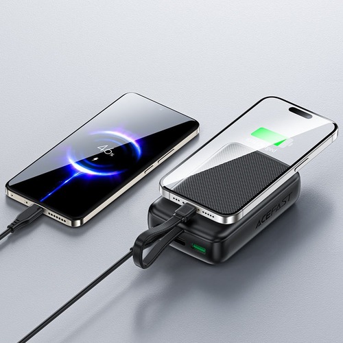 מטען נייד (סוללת גיבוי) 20000mAh לטעינה מהירה PD 22.5W עם כבל טעינה USB-C מובנה, שחור