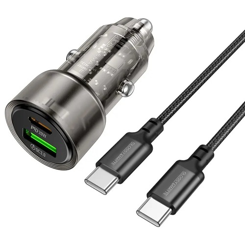 סט מטען מהיר לרכב הכולל ראש טעינה USB-C+USB-A וכבל טעינה USB-C ל-USB-C,