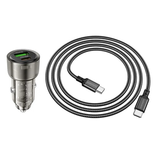 סט מטען מהיר לרכב הכולל ראש טעינה USB-C+USB-A וכבל טעינה USB-C ל-USB-C,