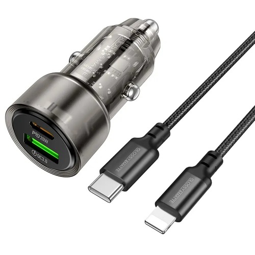 סט מטען מהיר לרכב הכולל ראש טעינה USB-C+USB-A וכבל טעינה USB-C ל-Lightning