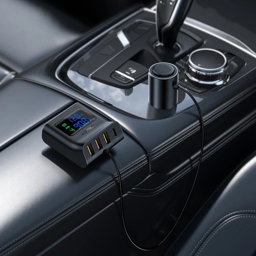 מטען מהיר לרכב מפוצל, 3 יציאות USB-A ויציאת USB-C, חיבור למצת הרכב, צג חיווי דיגיטלי