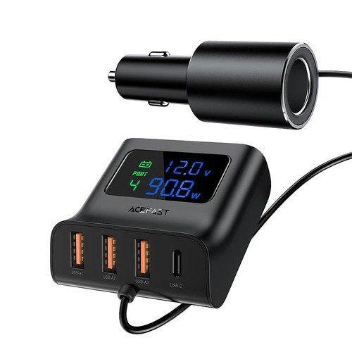 מטען מהיר לרכב מפוצל, 3 יציאות USB-A ויציאת USB-C, חיבור למצת הרכב, צג חיווי דיגיטלי