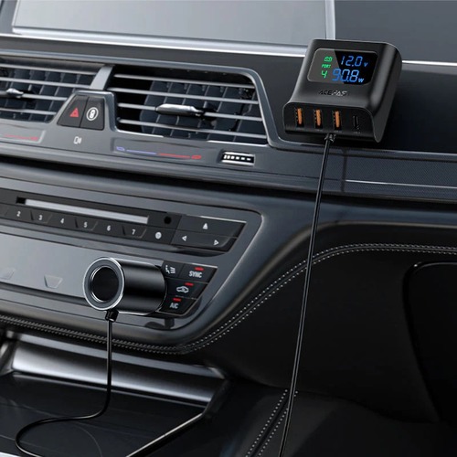 מטען מהיר לרכב מפוצל, 3 יציאות USB-A ויציאת USB-C, חיבור למצת הרכב, צג חיווי דיגיטלי
