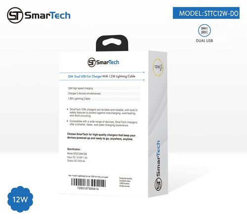 מטען רכב 12W עם כבל Lightning למכשירי אפל - דגם STCC12W-DO מבית SmarTech