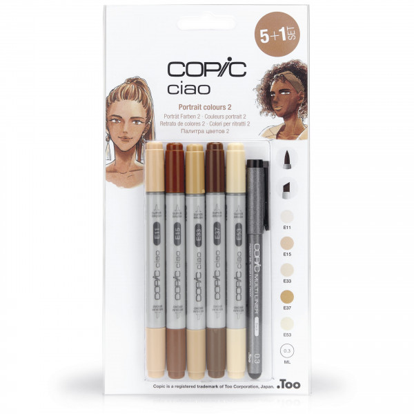 סט 5 טושים  בגווני עור כהה Copic ciao וליינר
