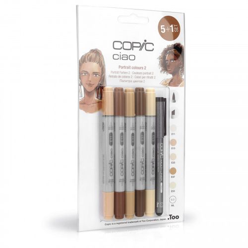 סט 5 טושים  בגווני עור כהה Copic ciao וליינר
