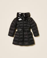 Long puffer jacket with logo belt