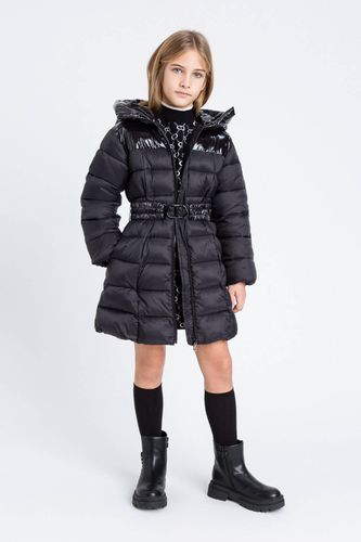 Long puffer jacket with logo belt