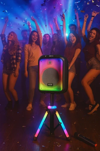בידורית קריוקי ניידת 12 אינץ' עם מיקרופון אלחוטי, תאורת לד וסטנד מואר!