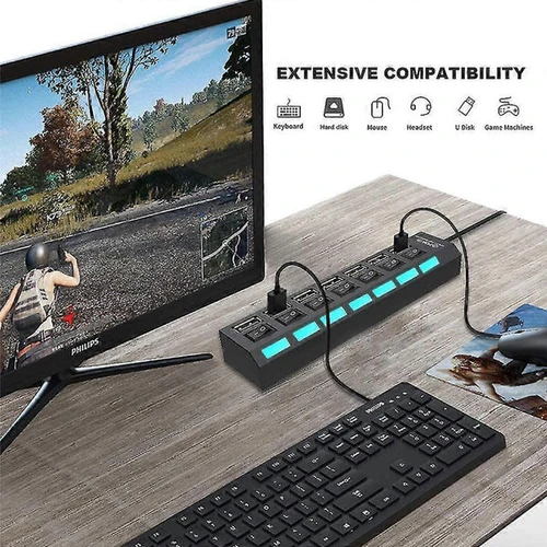 מפצל USB יו אס בי 7 כניסות כולל כפתור הפעלה לכל כניסה