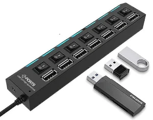 מפצל USB יו אס בי 7 כניסות כולל כפתור הפעלה לכל כניסה