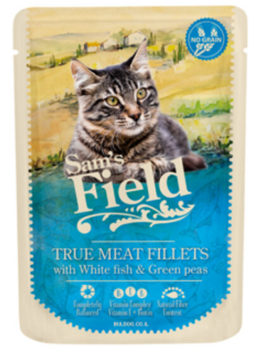 פאוץ' סמס פילד לחתול בטעם דג ואפונה 85 גרם  - Sam's Field white fish & green peas