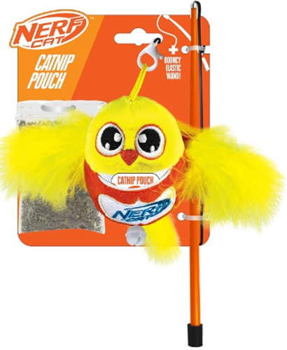 משחק חכה בובה עם כיס למילוי קטניפ לחתולים - Nerf Cat Plush Bird with Refillable Catnip Belland Wand Interactive Cat Toy