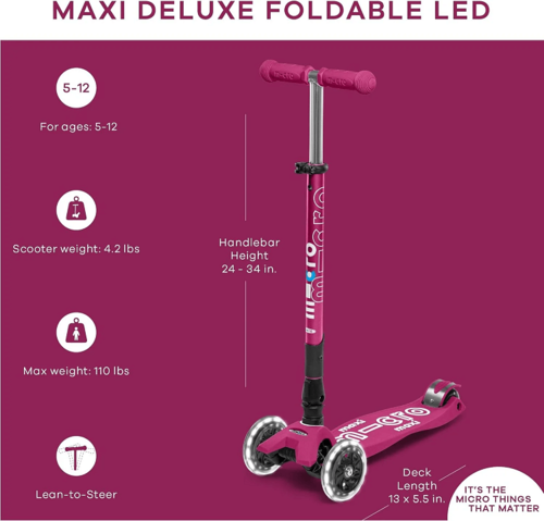 קורקינט מקסי מיקרו דלוקס לד מתקפל Maxi Deluxe Foldable Led ורוד