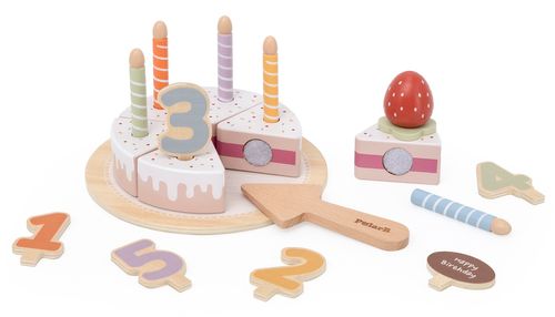עוגת יום הולדת מעץ 26 חלקים עם נרות, תותים, מספרים, מגש ומרית