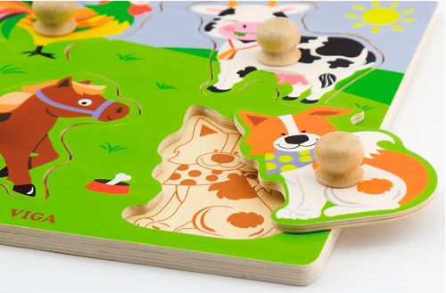 פאזל מעץ לפעוטות עם כפתורים 4 חלקים ותמונה תחתית - חיות הג'ונגל