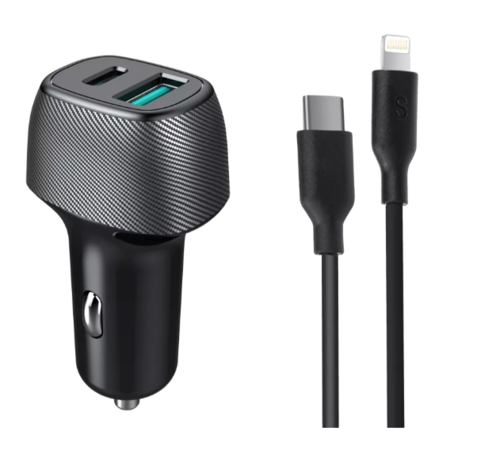 מטען כפול לרכב מהיר עם יציאת USB ו-TYPE C + כבל TYPE C- LIGHTNING