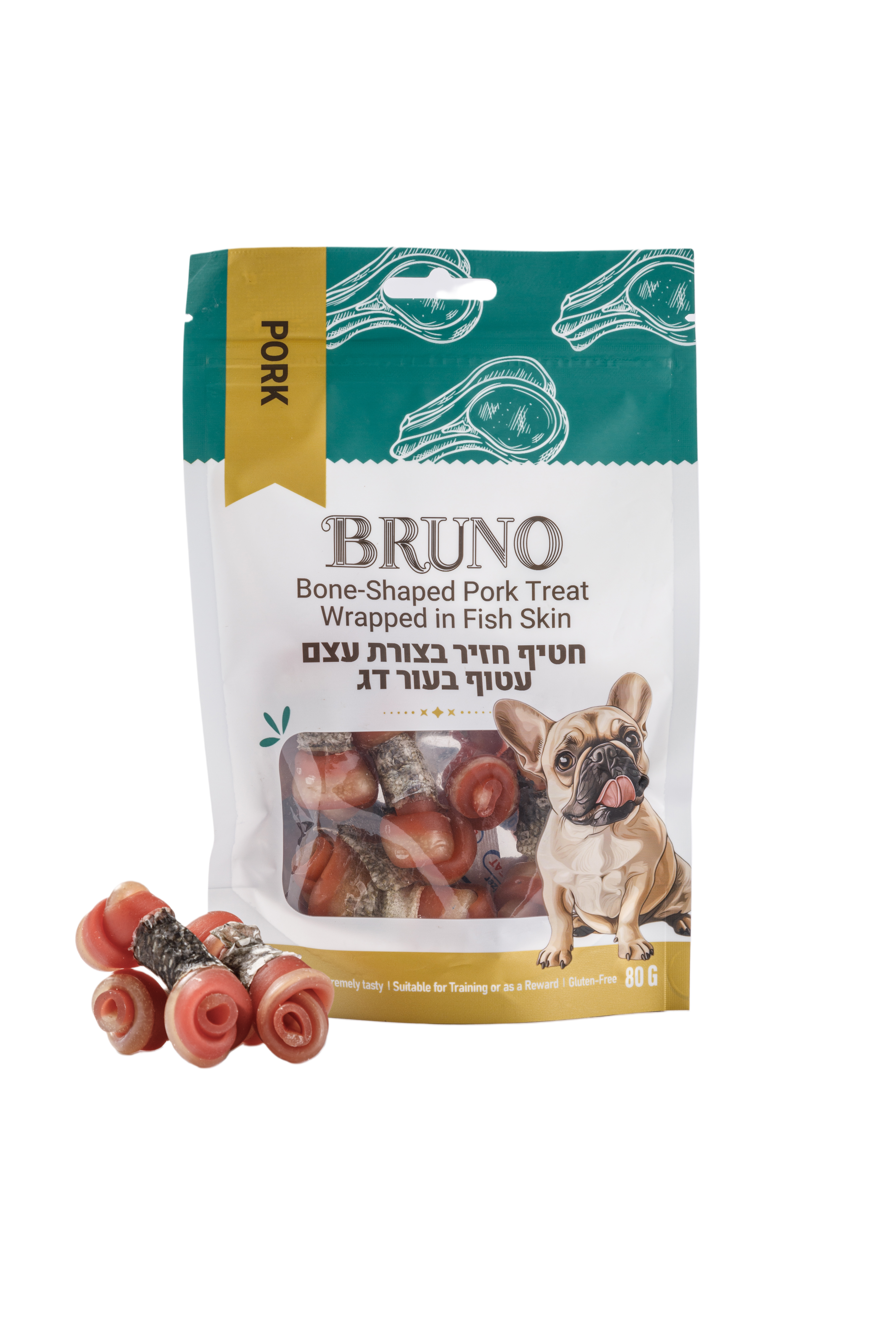 חטיף לכלב ברונו חטיף עצם חזיר עטוף עור דג 80 גרם Bruno